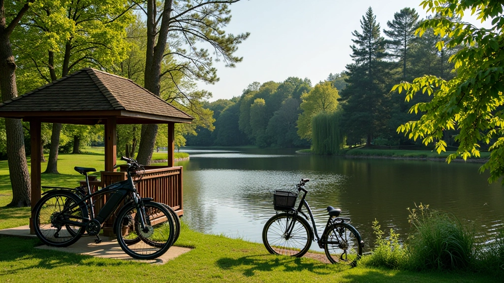 Dviračiai parkuoti prie nedidelio medinio paviliono šalia vandens