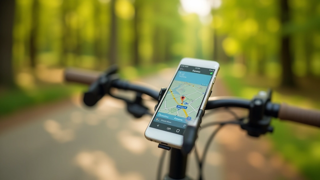 Išmanusis telefonas su GPS žemėlapio programėle, saugomas ant dviračio vairo, skaidri saulės šviesa